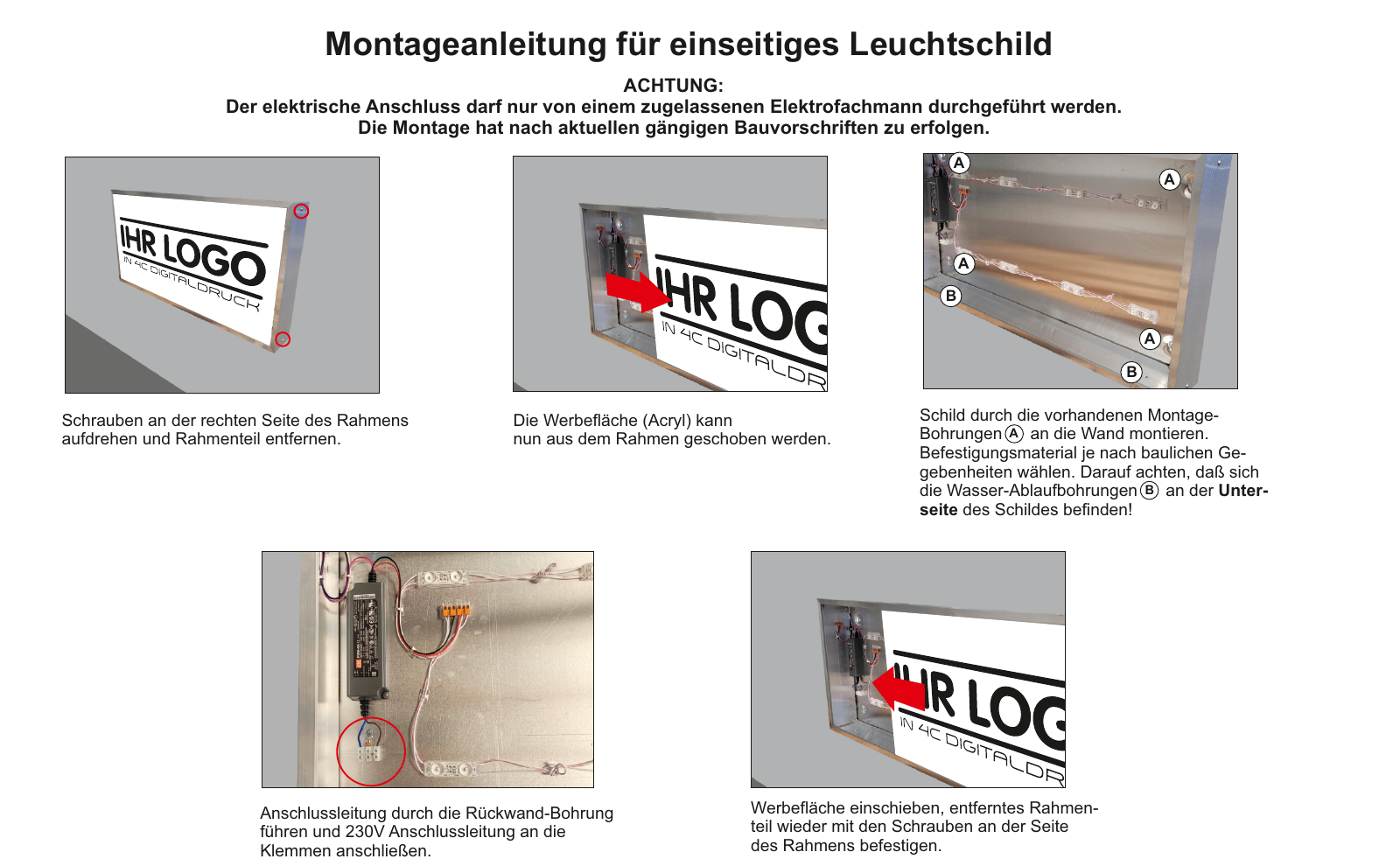 Montageanleitung für ein einseitiges Leuchtschild mit fünf Arbeitsschritten von der Rahmenöffnung bis zum Einschieben der Werbefläche