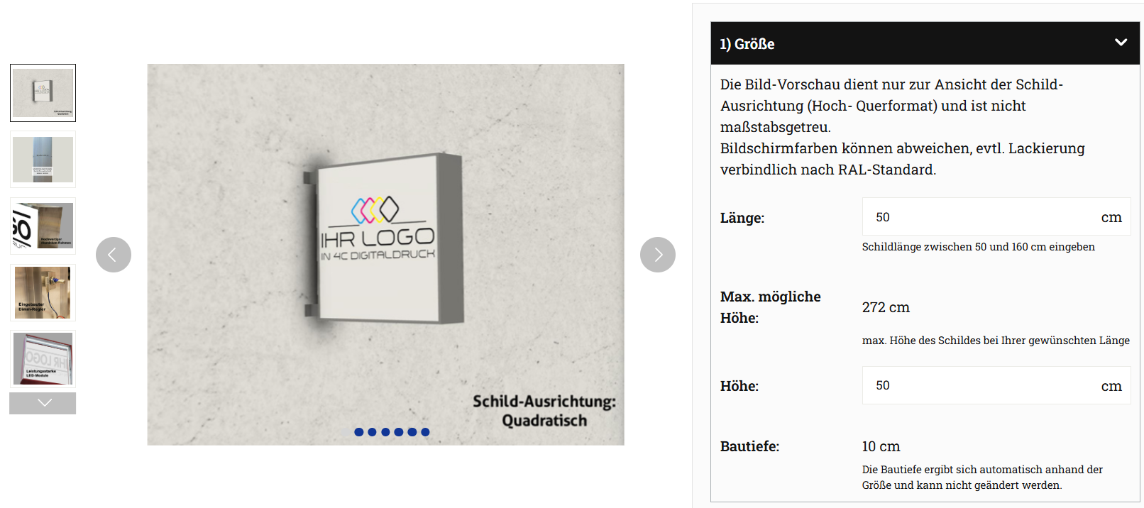 Leuchtschild-Konfigurator im KLW-Shop mit Vorschau eines doppelseitigen Leuchtschilds und Eingabefeldern für Länge, Höhe und Bautiefe