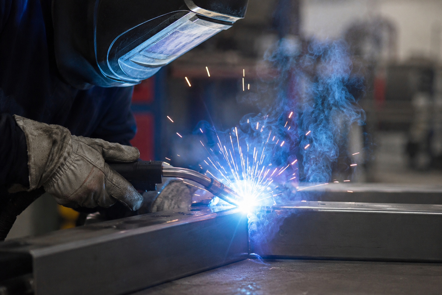 Schweißarbeit an einer Metallkonstruktion mit Schutzhelm, Handschuhen und sichtbarem Funkenflug