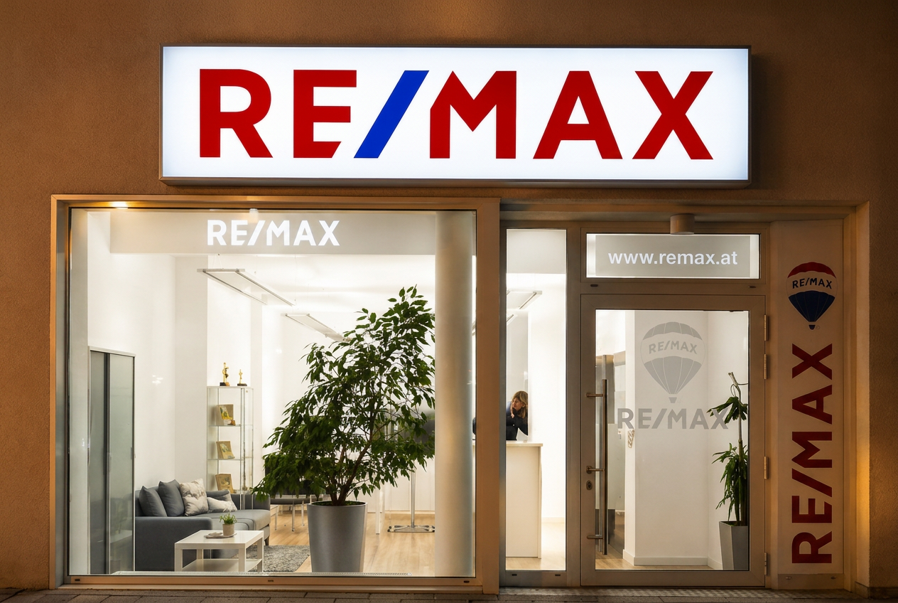 Beleuchteter RE/MAX Leuchtkasten über einem Geschäftseingang bei Dunkelheit