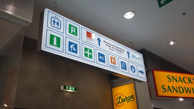 Wegeleitungs-Leuchtschild mit Piktogrammen