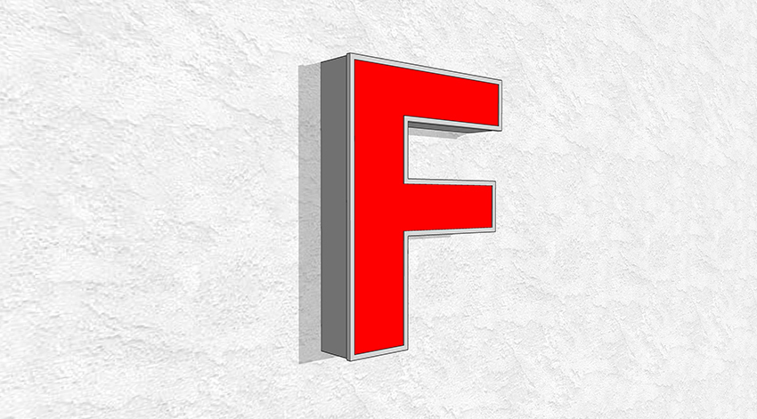 Profil 4 – beleuchteter Buchstabe F auf heller Wand