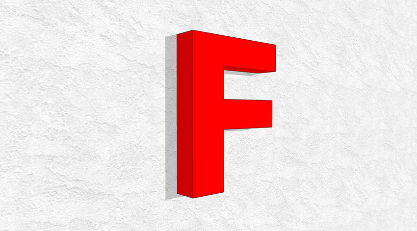 Profil 8 – beleuchteter Buchstabe F auf heller Wand