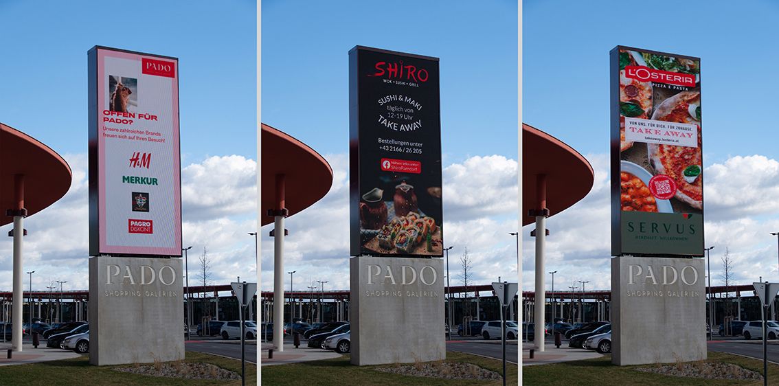PADO Werbepylon mit LED-Videowall, drei Sujets